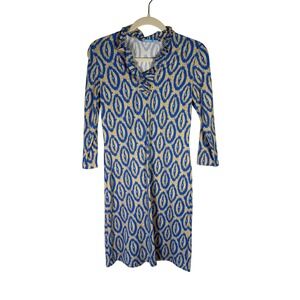 J.McLaughlin Blue Tan Ikat Ruffle Neck Sheath Dress Womens XS 3/4 Sleeve Stretch
